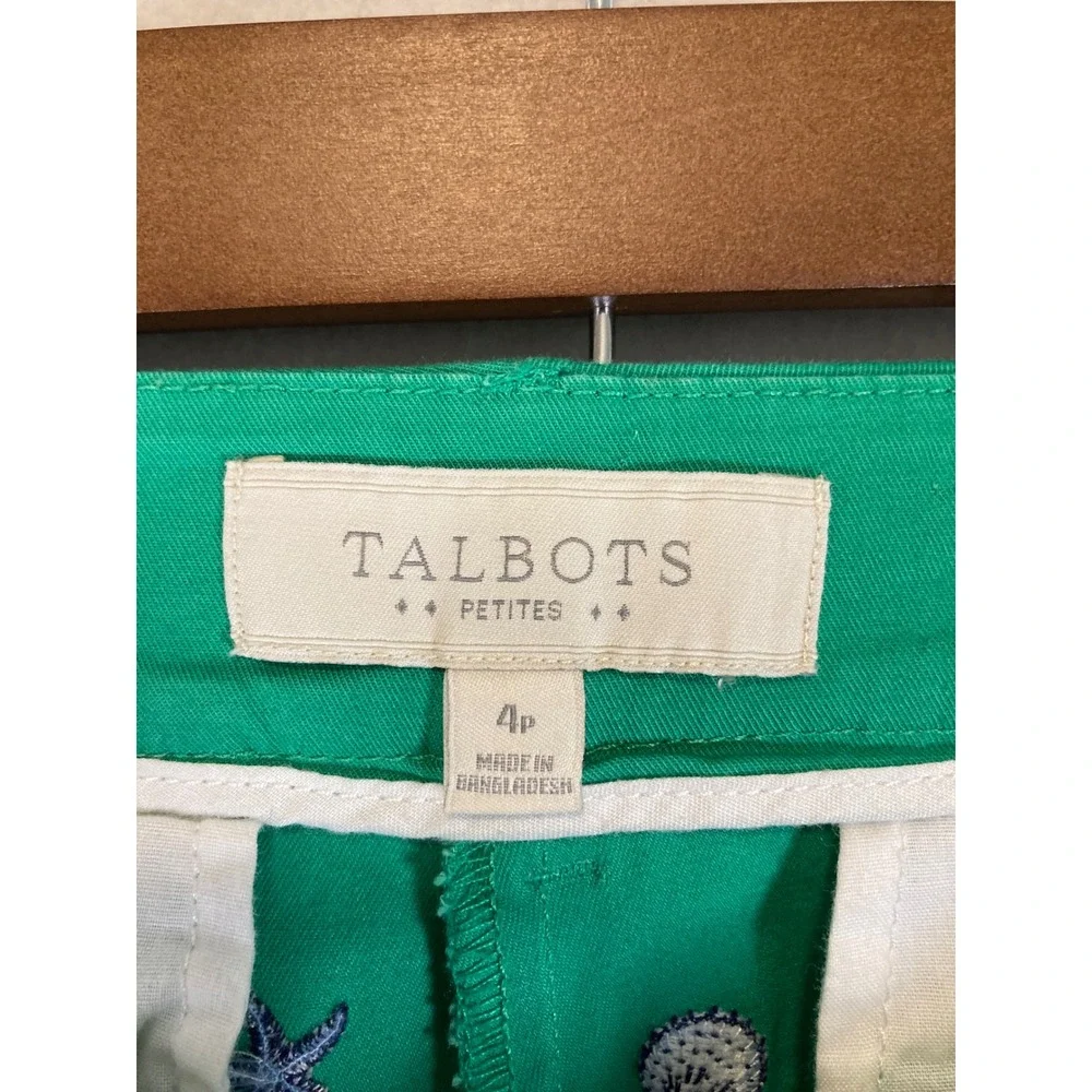Coastal Preppy Talbots Women 4P Green‎ Embroidered Shell Starfish Ankle Pants